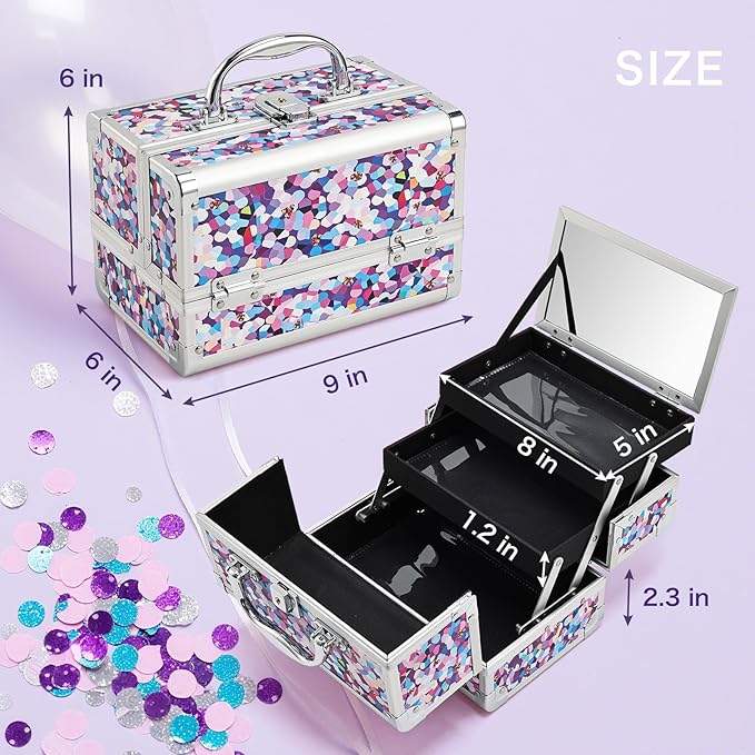 FRENESSA Makeup Train Case Makeup Box Organizer Portable Cosmetic Travel Case Makeup Case with Mirror Locking Make Up Cases Organizers and Storage for Nail Supplies Hard Cosmetic Box Purple
