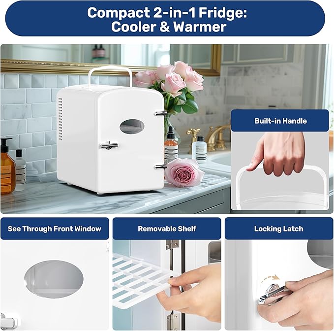 Simple Deluxe 6 Liter/9 Can Mini Fridge with Observation Window, Portable Freon-Free Small Refrigerator, Compact Cooler & Warmer for Skincare, Beverage, White