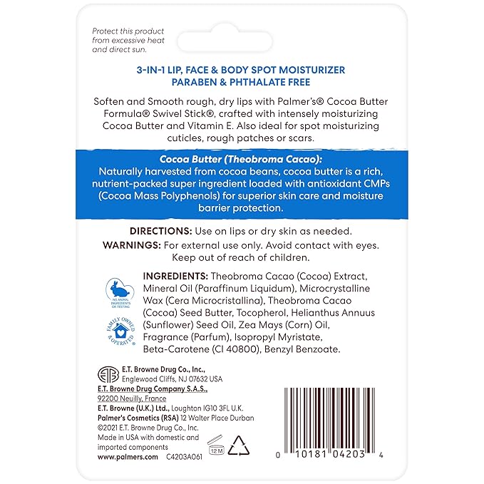 Palmer's Cocoa Butter Formula Moisturizing Swivel Stick with Vitamin E, Lip Balm for Valentine's Day, Face & Body Moisturizer Stick, Ideal for Treating Dry Skin Patches (Pack of 3)