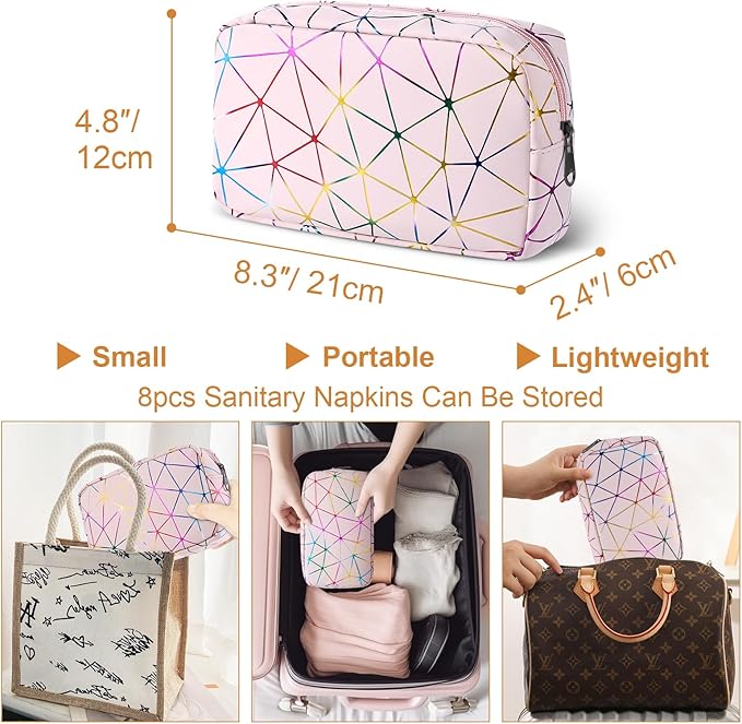 Period Bag for Girls Womens, Leather Sanitary Napkin Storage Bag, Portable Menstrual Pad Bag Period Pads Pouch, Small Make Up Bags(Colorful Pink)