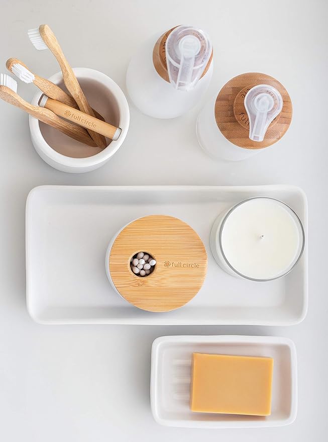 Full Circle Pick Me Up Cotton Swab and Q-Tip Canister, White & Bamboo