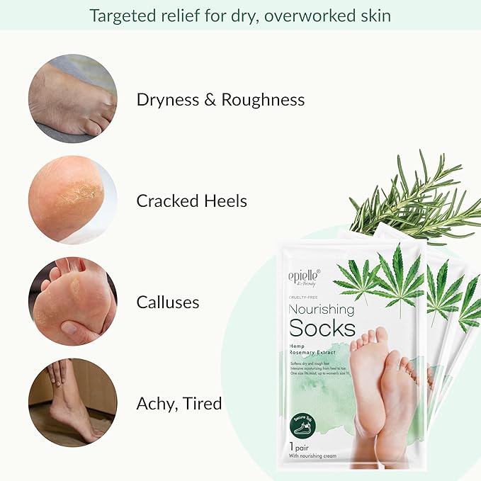 Epielle Nourishing Foot Mask 6 Pairs, Repair and Soften with Hemp & Rosemary Extract, Deep Moisturizing Socks for Dry, Cracked Feet, Self Care Gifts for Women, Spa Kit, Easter Basket Stuffers