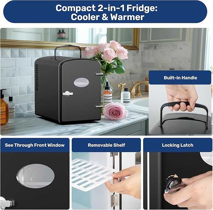 YSSOA 4L/6 Can Portable Mini Fridge with Observation Window, Compact Cooler & Warmer Freon-Free Small Refrigerator, for Skincare, Beverage, Food, Cosmetics, Black