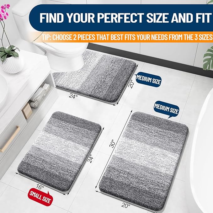 OLANLY Bathroom Rug Set 2 Piece, Soft Absorbent Microfiber Bath Mats and U-Shaped Contour Toilet Rug, Non-Slip, Machine Wash Dry, Plush Shaggy Bath Mats for Bathroom (30"x20"+24"x20", Grey)