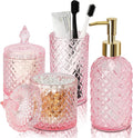 Pink Bathroom Accessories Set, 4 Pack Pink Bathroom Decor Accessory Sets Complete, Diamond Glass Soap Dispenser and Toothbrush Holder Set for Bath Counter Organizer Essentials