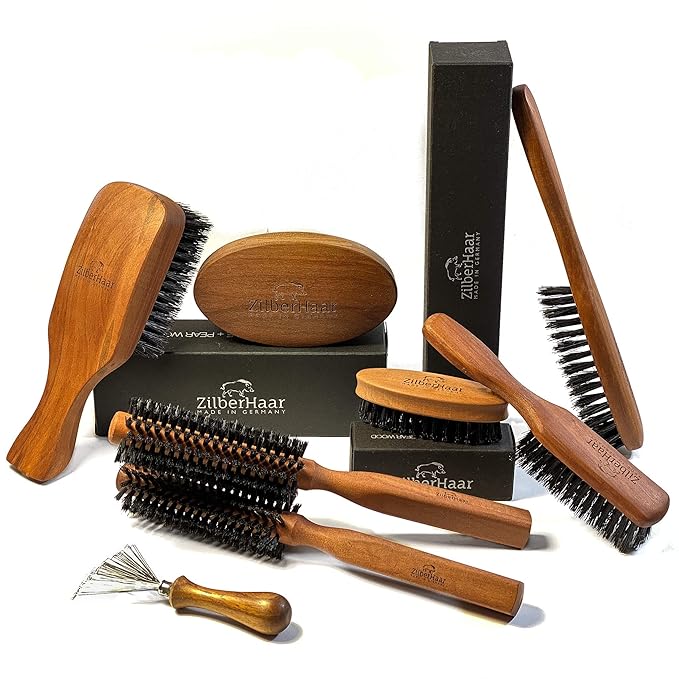 ZilberHaar - Styler Hair and Beard Round Brush - 1.3 Inch Stiff Boar Bristles and 8.5 Inch Pearwood Handle - 222 Plugs of Bristles - Beard Grooming Brush for Men