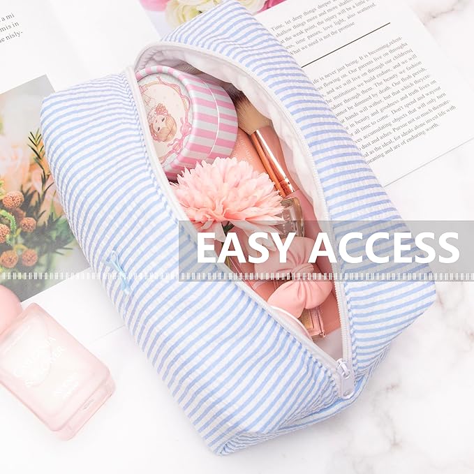 PAZIMIIK Cozy Makeup Bag Travel Cosmetic Bag for Women Soft Toiletry Bag Aesthetic Makeup Organizer Portable Large Zipper Pouch for Skincare Beauty Accessories Brushes Stripe Blue
