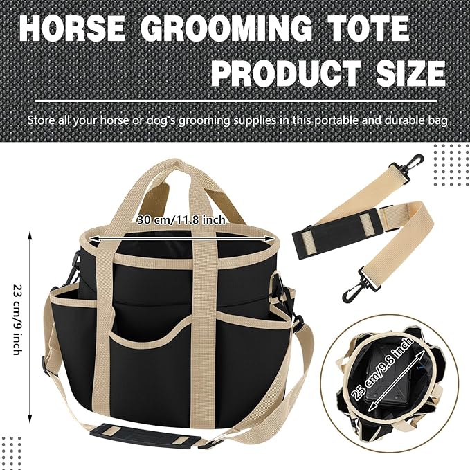 Abbylike Grooming Tote Bag for Horses and Dogs Organize Tack Tools Equestrian Grooming Kit Care Portable with Multiple Pockets for Supplies (Stylish,10.63 x 10.63 x 9.45 Inch,Khaki and Black)