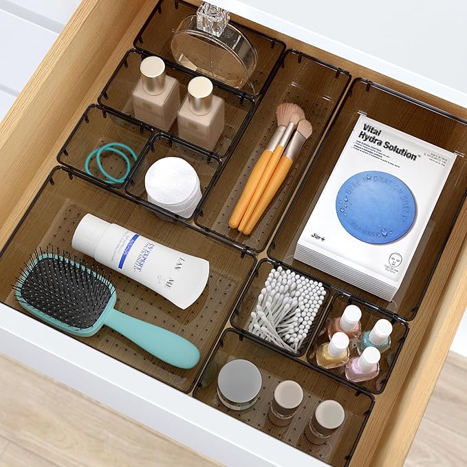 23 PCS Clear Plastic Drawer Organizers Set, 4 Size Desk Drawer Organizer Trays for Makeup, Jewelry, Kitchen Utensils, Gadgets and Office Accessories, Black