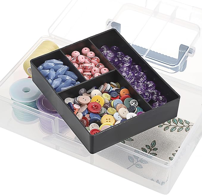 JUXYES 2 Pack Plastic Carry Storage Box with Removable Dividers, Clear Art Craft Supply Storage Bin Sewing Box With Handle Lid, 2 Layers Stationery Storage Case for School/Office Supplies Black