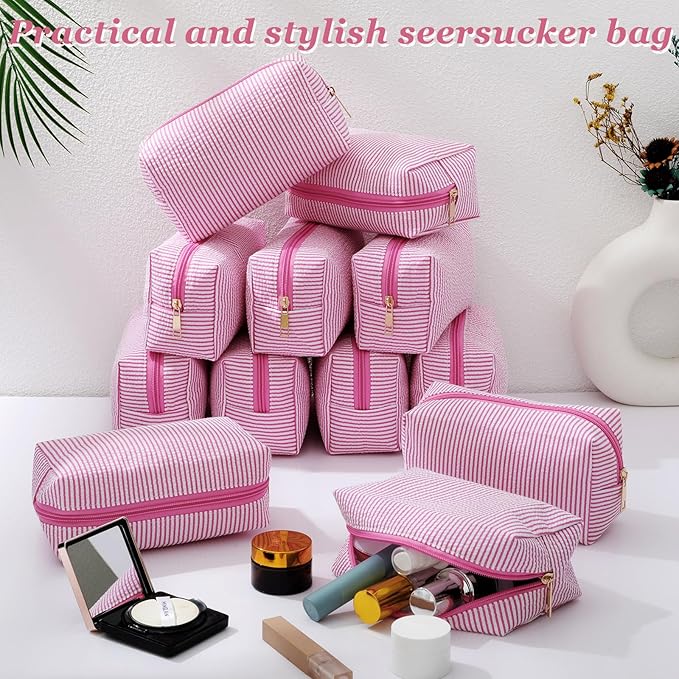 Sanwuta 12 Pcs Seersucker Cosmetic Bags Bulk Seersucker Makeup Bags Stripe Women Pouch Large Preppy Storage Pouch Toiletry Travel Organizer for Wedding Bridesmaid Bride Favor Mom Gift (Pink)