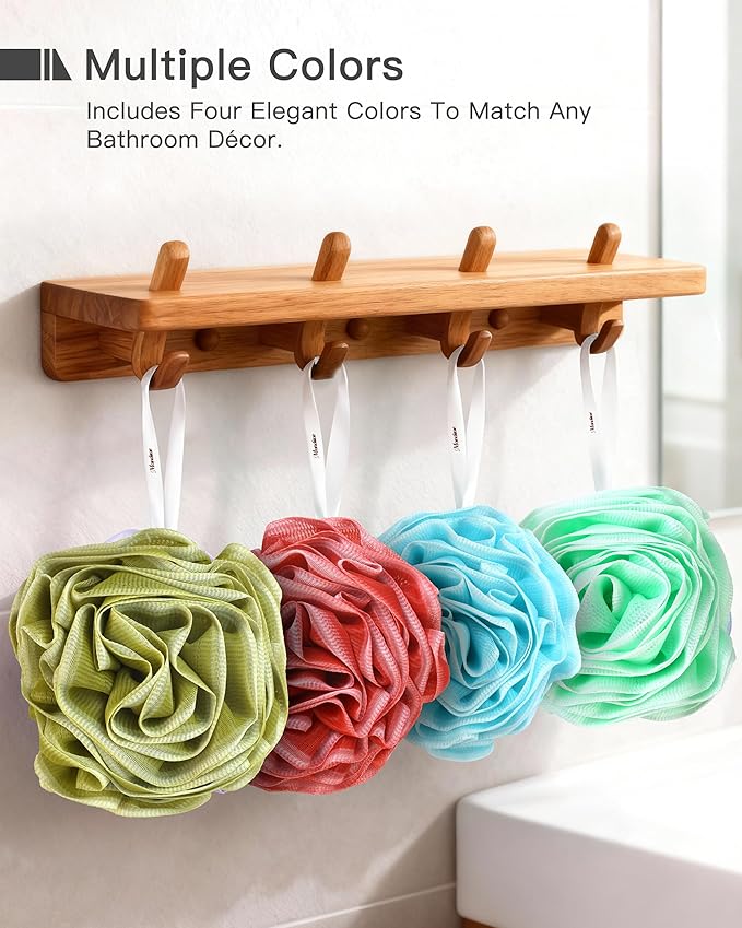 Loofah Sponge 70g, 6.3 Inch Large Exfoliating Bath Sponge, Soft Durable PE Mesh with Reinforced Knotting, Rich Lather Bath Scrubber for Body, for Travel or as a Holiday Gift (4Pack, Green, Red, Blue)