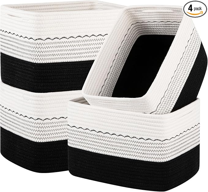 4 Pack Storage Baskets for Organizing, 13"X9"X7.87", Decorative Cotton Rope Baskets for Shelves, Small Woven Basket for Toys, Books and Towels, Black & White