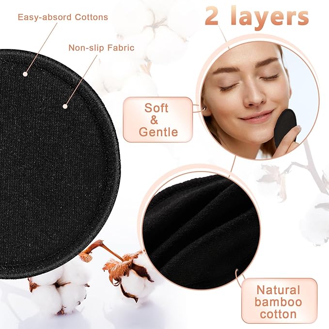 Foaincore 40 Pcs Reusable Makeup Remover Pads with Mesh Storage Bag and Bamboo Box Washable Bamboo Cotton Rounds Soft Reusable Face Pad for Toner Skin Various Skin Care Products(Black White)