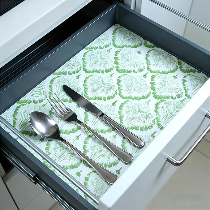 Shelf and Drawer Liner, 12in x 20FT Double Layer PVC Non-Adhesive Non-Slip Waterproof, Green Leaf for Kitchen Cabinets, Pantry, Bathroom, Dresser with Knife and Tape Measure