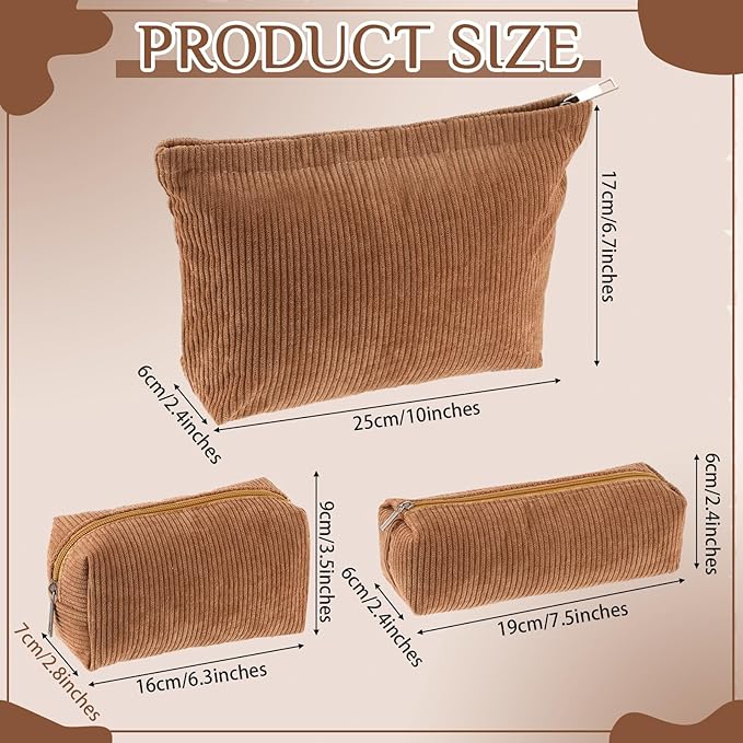 3 Pcs Makeup Bag Set for Women Corduroy Cosmetic Pouch Aesthetic Smile Travel Toiletry Bag Cute Purse Pouch Pencil Case Makeup Brushes Storage Organizer with Zipper(Brown,Solid Style)