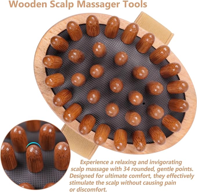 OWIIZI Wooden Scalp Brush Massage Body Tools, Wood Massager for Head Hair Growth Belly Fat Cellulite Multi Functional Air Cushion Massager for Men Women Elder