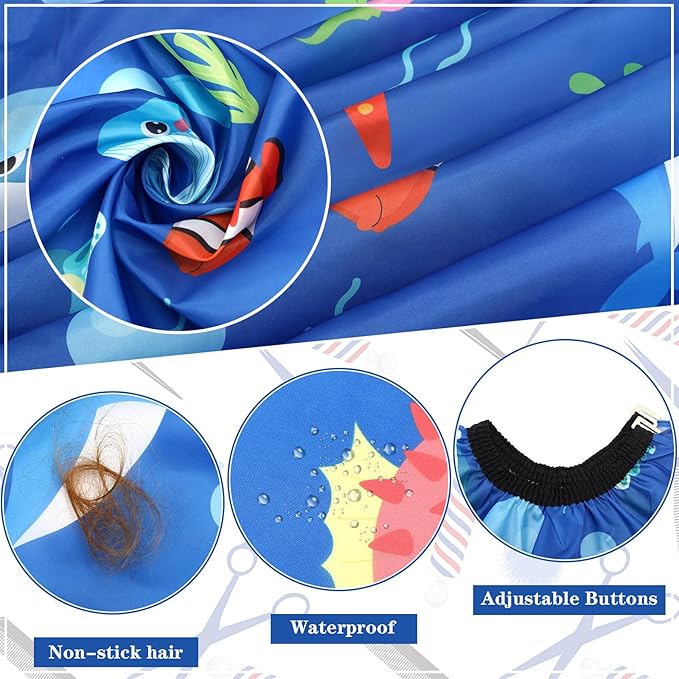 FEBSNOW Ocean Animal Kids Hair Cutting Cape, Professional Barber Cape and Neck Duster Brush Cartoon Hairdresser Apron with Adjustable Closure for Children Salon Barber Supplies for Kids & Adults