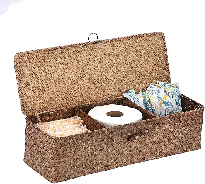 Sumnacon Extended Seagrass Storage Basket with Lid 3-Section Wicker Storage Basket,Small Woven Shelf Basket for Toiletries Tampon Storage,Seagrass Basket for Shelf Bathroom Toilet Counter,Coffee