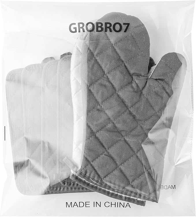 GROBRO7 6Pcs Cotton Oven Mitts and Pot Holders Set Durable Hot Pads Machine Washable BBQ Gloves Heat Resistant Pocket Pot Holder with Hanging Loop for Safe Kitchen Baking Cooking Grilling Grey