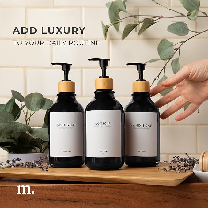MaisoNovo Refillable Shampoo and Conditioner Bottles - 16.9 fl oz Set of 3 Black Plastic Bottles Black Bamboo Pumps