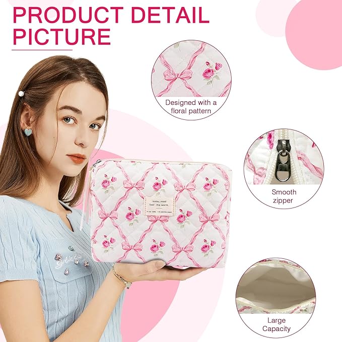 Floral Makeup Bag, Small Cosmetic Bag for Women Girls, Cute Cotton Makeup Bag, Quilted Makeup Bags, Flower Travel Toiletry Organizer Bag(Pink bow ties)