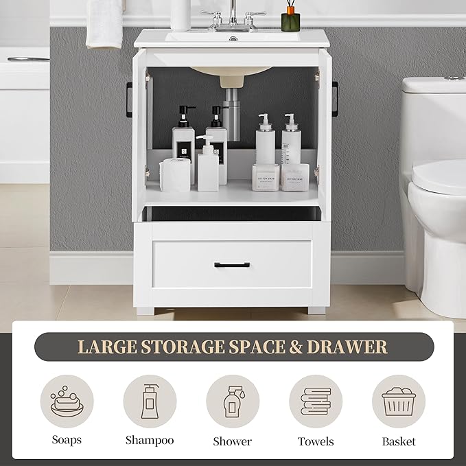 Yaheetech 24.5" Modern Bathroom Vanity with Ceramic Basin, Undermount Vanity Sink Cabinet with 2 Doors and 1 Drawer, Free Standing Bathroom Storage Cabinet with Sink Combo Set, White
