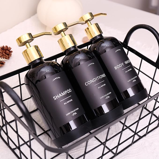Shampoo and Conditioner Dispenser Set of 3,Refillable 21oz Shampoo Bottles with Non-Slip Protective Silicone Pad,Shower Soap Dispenser with Waterproof Labels for Bathroom (Black)