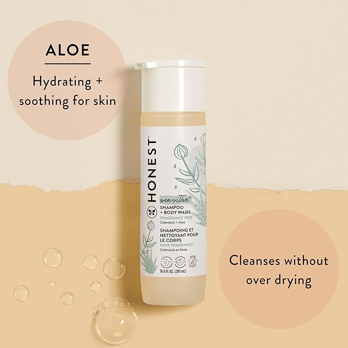 The Honest Company 2-in-1 Cleansing Shampoo and Body Wash for Sensitive Skin, Gentle Tear-Free, Hypoallergenic with Naturally Derived Ingredients, Fragrance-Free, 18 fl oz
