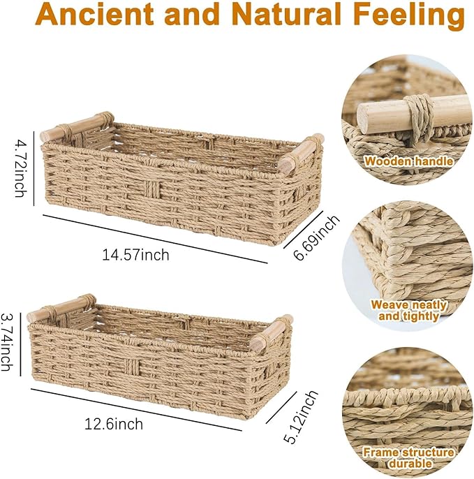2 PCS Toilet Paper Storage Basket, Paper Rope Imitation Wicker Bathroom Baskets for Toilet Tank Basket with Handles for Desk, Shelf, Countertop, Boho Coastal Bathroom Decor Beige
