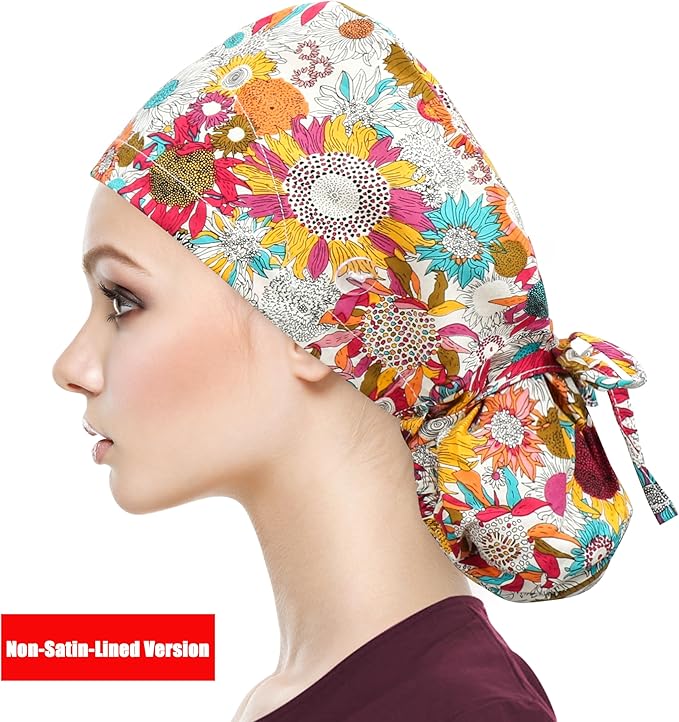 QBA Adjustable Working Cap with Button, Satin-Lined Hat, Cotton Working Hat Sweatband, Elastic Tie Back Hats Unisex