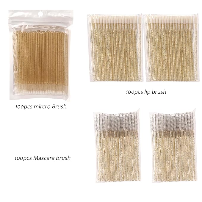 300 PCS Eyelash Extension Supplies Kit, Disposable Micro Applicator Brush, Eyebrow Lash Spoolie, Lip Brush, Mascara Wand Applicator (Crystal gold handle white kits)