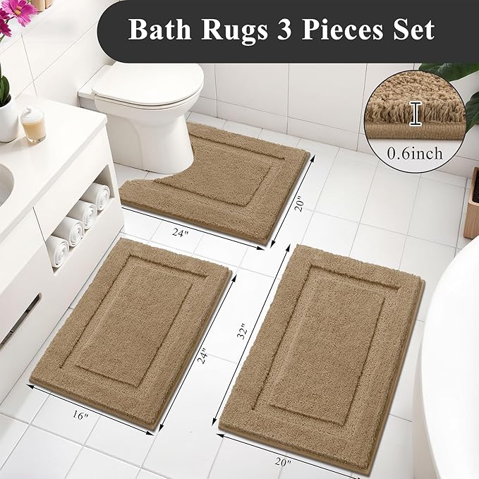 SHACOS Soft Fluffy Bathroom Rugs Set of 3 Pieces Bath Mats with U Shape Toilet Rugs Non Slip Washable Bath Rugs Absorbent Bathroom Accessories Carpet for Shower Tub, Khaki