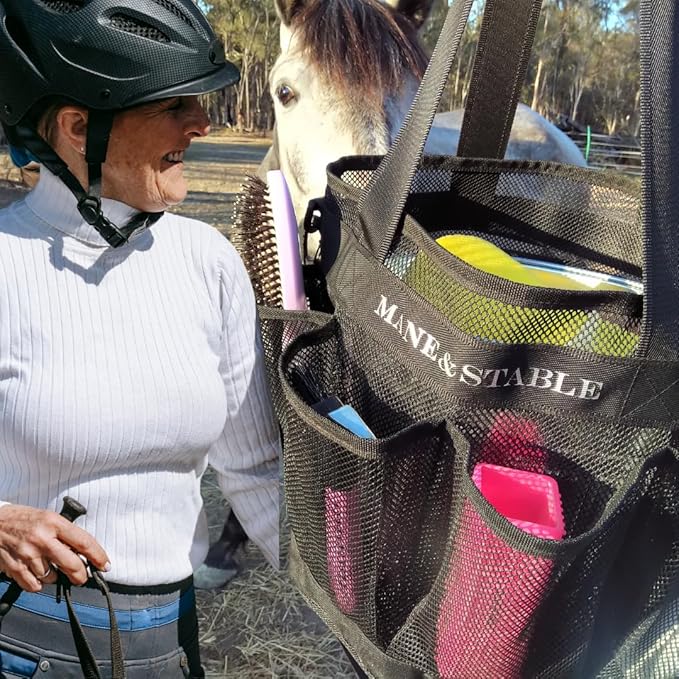 Horse Grooming Bag Hanging Tote with 8 Pockets - Lightweight Mesh Organizer for Horse Supplies, Adjustable Shoulder Strap