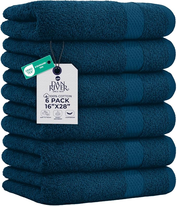 DAN RIVER 6-Pack Premium Hand Towels (16x28 Inches) - 100% Cotton, Ultra Soft, Lightweight, Highly Absorbent Towels for Bathroom, Spa, Gym, Salon, Hotel, and Travel - Opal Blue
