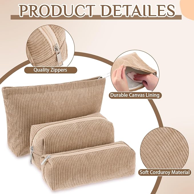 3 Pcs Makeup Bag Set for Women Corduroy Cosmetic Pouch Aesthetic Smile Travel Toiletry Bag Cute Purse Pouch Pencil Case Makeup Brushes Storage Organizer with Zipper(Khaki,Solid Style)