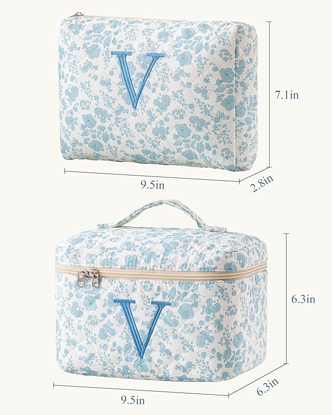 HBselect 2Pcs Initial Makeup Bag, Quilted Makeup Bag, Cotton Large Travel Makeup Bag, Cute Floral Coquette Make up Bag Cosmetic Bag Toiletry Bag for Women Girls V