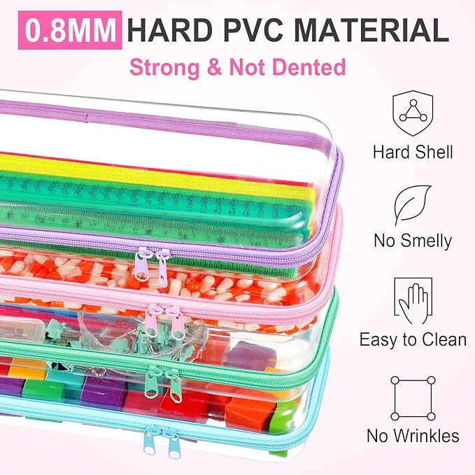 Hoolerry 4 Pcs Hard Clear Zipper Case Makeup Bags Plastic Zipper Pouch Transparent Storage Box Containers for Cosmetics, Snacks, Building Blocks, Puzzles(Clear,13.2 x 4.7 x 2.4 in,Pastel)