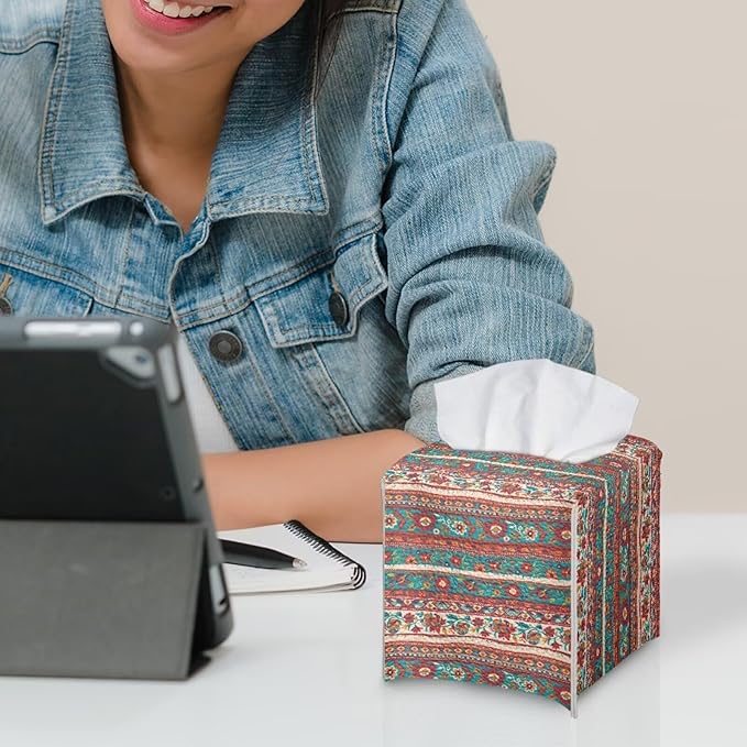 Brown Aztec Tissue Box Holder Waterproof PU Leather Square Modern Tissue Box Cover with Metal Button Napkin Holder for Home Office Car