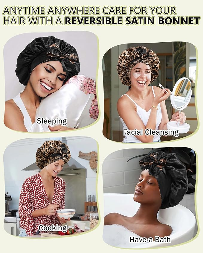Satin Bonnet Silk Hair Wrap for Sleeping - Reversible Night Cap with Tie Band (Leopard + Black)