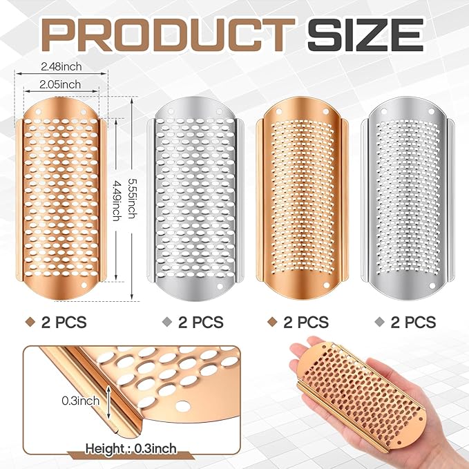 Moxweyeni 8 Pack Rose Gold,Silver Foot File Callus Remover Replacement Blades Metal File Callus Remover Hard Skin Remove Stainless Steel 2 Designs Big/fine Hole for Detachable Foot Scrubber
