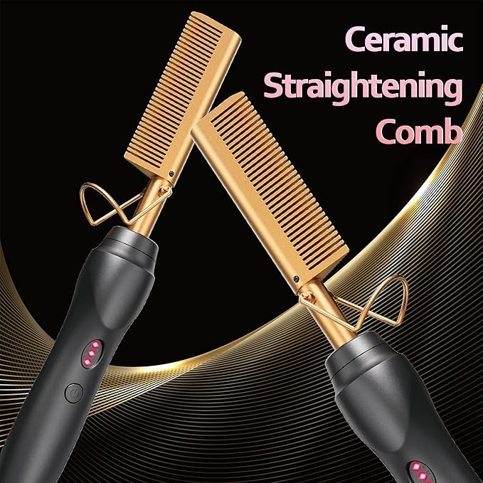 Electric Hot Comb Hair Straightener - Pressing Combs, Ceramic Hair Straightening Comb, Curling Iron for Natural Black Hair Men Beard or Holiday Gift - Glod 3 In1