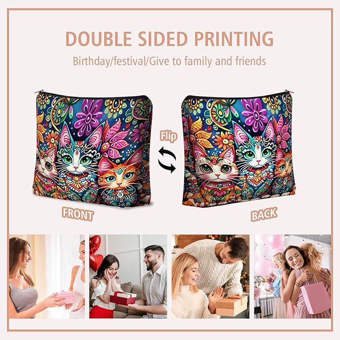 Bohemian Cat Mom Makeup Bag Easter Gift: Cute Boho Cats Themed Cosmetic & Toiletry Organizer Pouch For Daughters, Sisters, Friends,Teen Girls & Women.Ideal Gift For Travel, Birthdays.