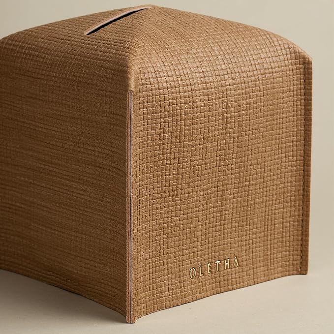 OLETHA Square Tissue Box Cover - Aesthetic Desk Decor for Room, Home & Office - Tissues Cube Boxes Holder - Raffia Embossing, Wheat