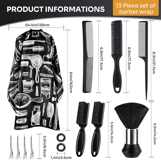Barber Cape 13Pcs with Neck Duster Brush Adjustable, Extra Long Hair Cutting Cape 63" x 55" Profesional Barber Accessories for Men/Adults/Barber/Salon/Clients/Home/Women/Kids