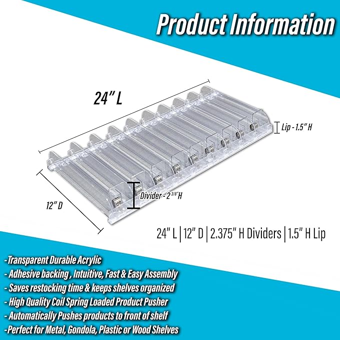 STORE FIXTURES DIRECT Auto Feed Shelf Product Pusher Kit, Adjustable Width Spring Loaded Merchandise Glider Pushing System, Kit for [10] 12" D x 24" L Shelves - [90 Shelf Pushers + 100 Dividers]