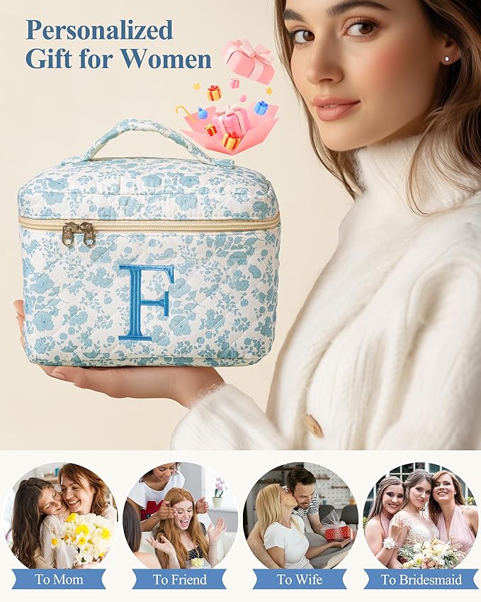 HBselect Initial Quilted Makeup Bag, Cotton Large Travel Makeup Bag, Cute Floral Coquette Make up Bag Cosmetic Bag Toiletry Bag for Women Girls F