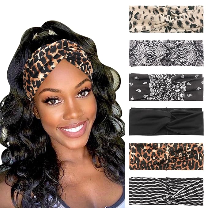 DRESHOW 6 Pack Boho Non-Slip Headbands for Women Girls Yoga Workout Running Knotted Turban Floral Printed Elastic Head Wrap