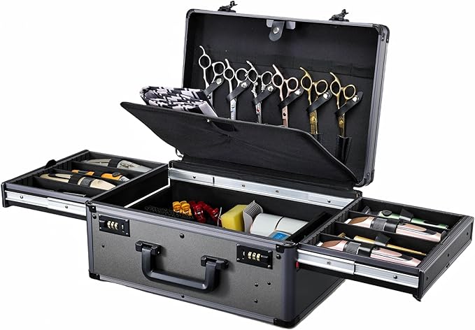 Barber Case with Clippers Sliding Tray, Profesional Barbers Briefcase Tool Case, Travel Barber Cases for Clippers and Supplies, Hair Scissors Trimmer Organizer, Salon Grooming Hard Suitcase