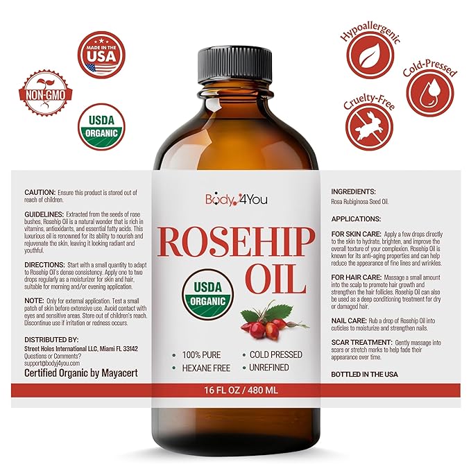 BodyJ4You Rosehip Oil for Face - 100% Pure Natural USDA Organic Cold Pressed - Hydrating Skin Hair Nails Anti-Aging Wrinkle Scar Treatment Gua Sha - Non-GMO Undiluted Carrier - Glass Bottle 16 Fl Oz